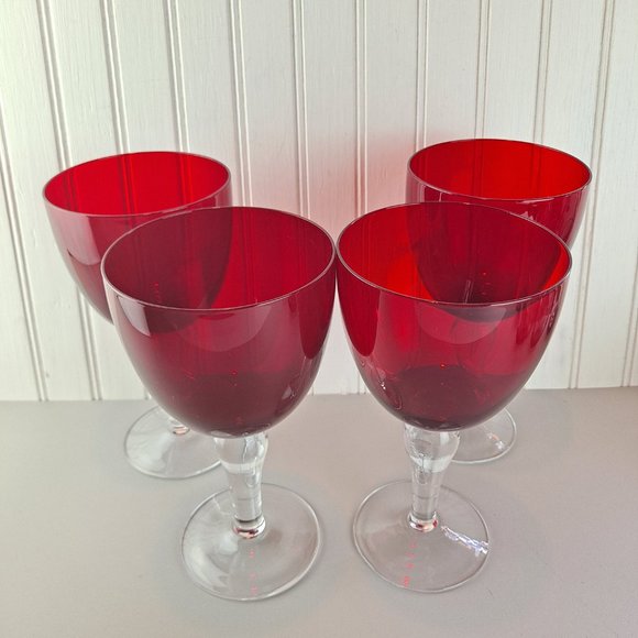 4 Ruby Red Large Wine Glasses Clear Stem - Picture 5 of 5